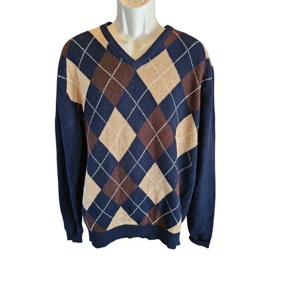Jos A Bank XL lambswool wool blend argyle knit mens sweater warm winter blue ^ - Picture 1 of 6